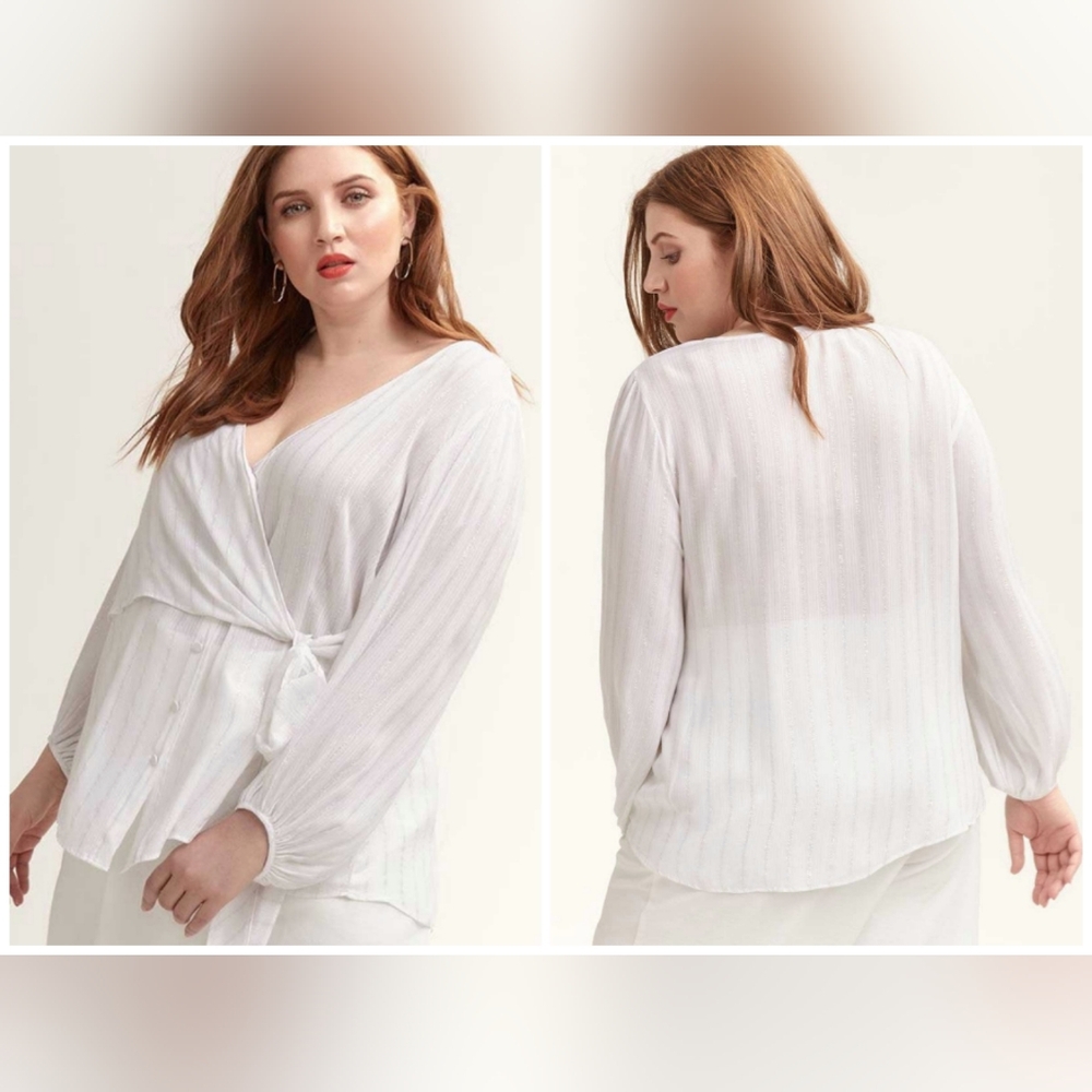 Ballon Long Sleeve Button-Down V-neck See-Through White Wrap Blouse Top